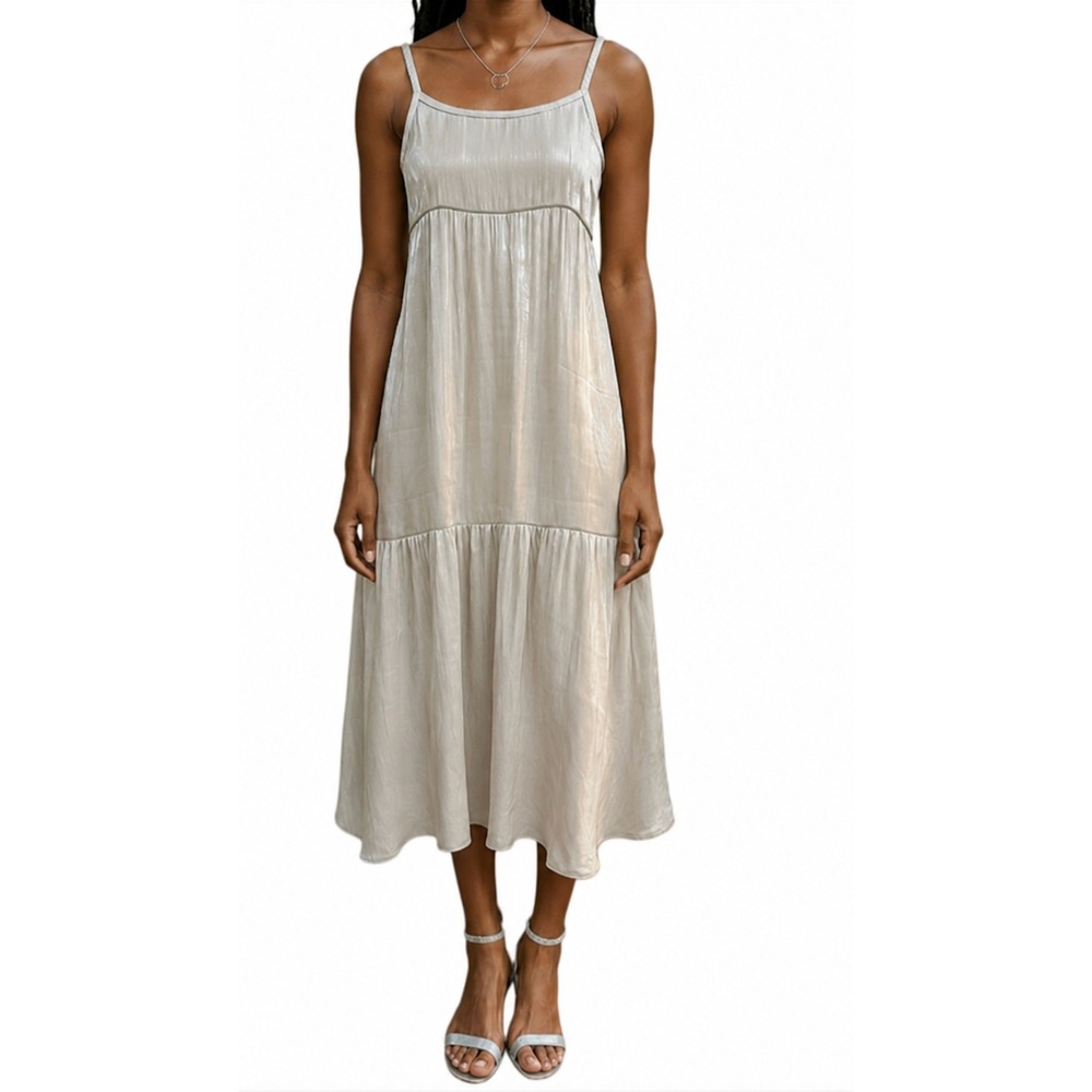 Ivory Tiered Sleeveless Boho Satin Iridescent Maxi Dress Small Balletcore Whimsy